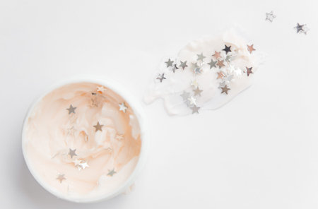 microplastic in cosmetics. Plastic particles in a face mask, environmental pollution and water.
