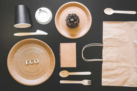 Eco friendly disposable dishes made paper on blackの写真素材