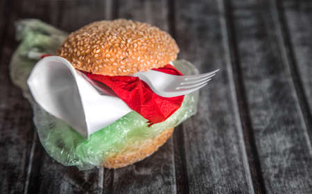 Unhealthy food product on woodenの写真素材