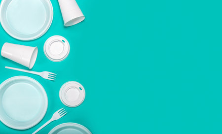 Flat lay composition disposable plastic tablewareの写真素材