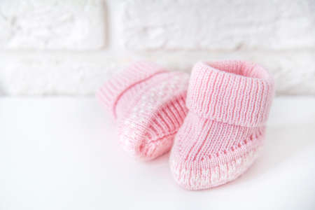 Pink girl newborn shoesの写真素材