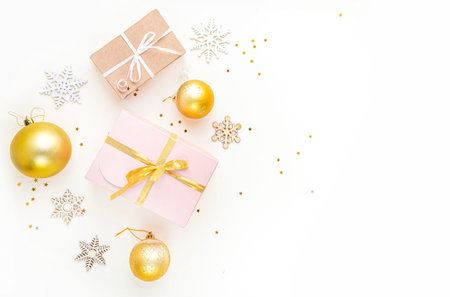 Flat lay composition. Christmas accessories and decorations on white background. top view, copy...