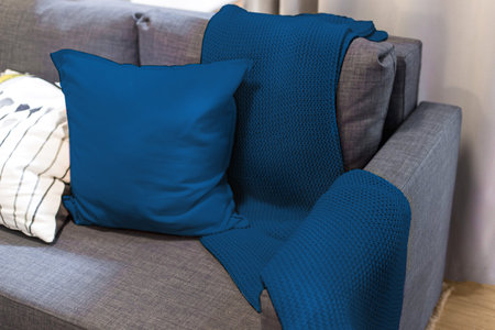 Blanket and blue pillows on the sofa in the interior.の写真素材