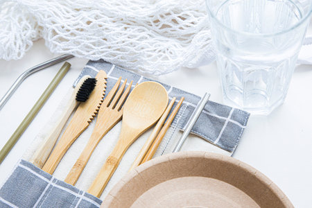 Zero waste a set of cutlery made of wood, bamboo. rejection of plastic, waste reduction. reusable...