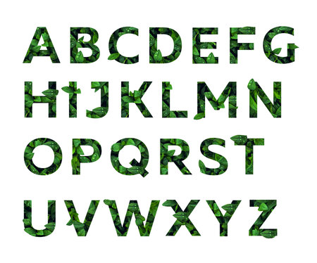 Green Font Collection of Leaves English Alphabet, isolated on white background. summer and eco...