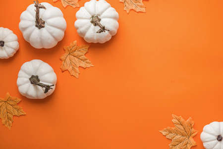 Happy Hallooween backgroung. Flat lay composition on orange paper.の写真素材