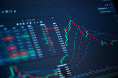 Stock Market Chart on Blue Background. share drop down and stock up