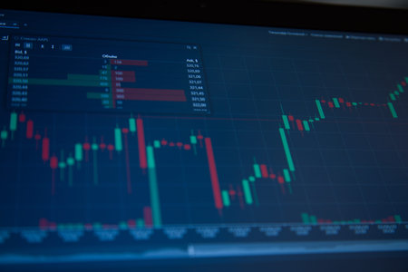 Stock Market Chart on Blue Background. share drop down and stock up