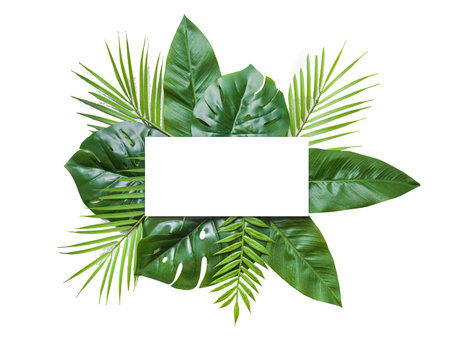 tropical palm leaves with white card, text box. Flat lay, nature concept, mockup