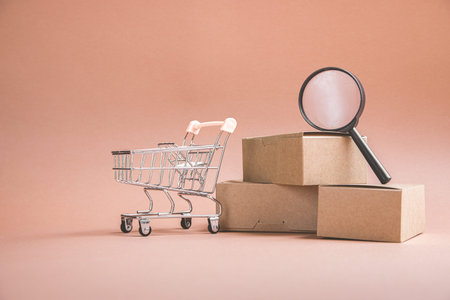 Online Shopping. Trolley basket from the supermarket and magnifier on an orange background. home...
