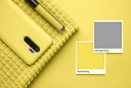 Color 2021 illuminating and Ultimate Gray. Flat lay composition office desk.の写真素材