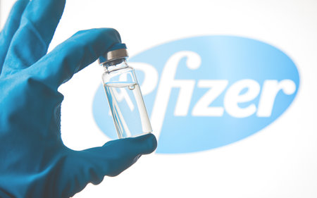 Moscow, Russia January 12 2021: Coronavirus vaccine. Vial with COVID-19 vaccine testing and prepares for injection. COVID-19 immunization. Healthcare and medical concept. Lofo pfizerのeditorial素材