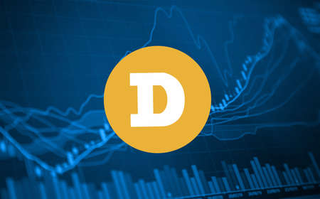 Ufa, Russia - February 16, 2021: Cryptocurrency Dogecoin. Stock Market Chart on Blue Background. share drop down and stock upのeditorial素材