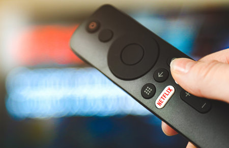 Ufa, Russia - May 19, 2020 : Netflix app on Smart TV. Browsing the movie video library what new...