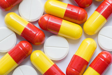 macro image of different pills and tablets. flatlay top view. background and banner for pharmacy...