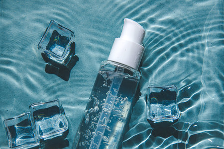 jar of serum on a background of blue water with ice. skin care concept