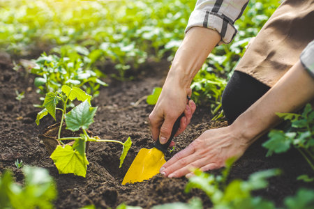 woman plants a bush of cucumber in the ground in a greenhouse. spring work with seedling in the...