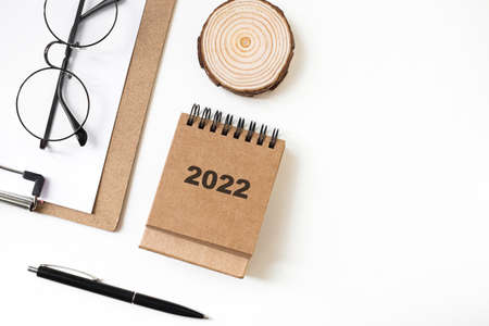 Close up calendar on table top view, flat lay. Copy space for text, New year conceptの写真素材