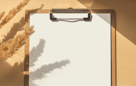 Mock up horizontal blank sheep paper, shadow overlay plant on beige background. Minimal business...