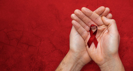 Men hold in hands red aids ribbon on red background.