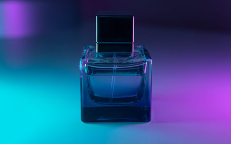 Neon Perfume bottle on black background. Design mockup, beauty cosmetic banner
