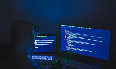 Computer hacker silhouette of hooded, man using laptop and monitor for steal data. Cyber crime...