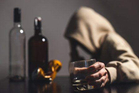 Alcoholism concept. silhouette of a sad man on the background of bottles with alcohol. depression...