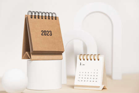 Desktop calendar for 2023 on a beige background. goals and plans on next year.の写真素材