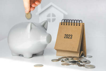 Business and finance concept. number 2023 on piggy bank, budget on new yearの写真素材
