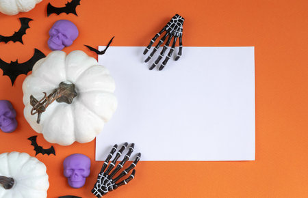 Halloween decorations bats, pumpkins and skulls on color background. Halloween concept. Flat lay, top view, copy spaceの写真素材