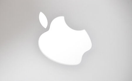 Ufa, Russia 2022 August 25: Apple logo on gray background, macro shotのeditorial素材