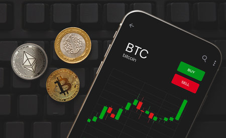 Antalya, Turkey - September 01, 2022 : bitcoin btc logo, etherium logo on coin, phone screen stockのeditorial素材