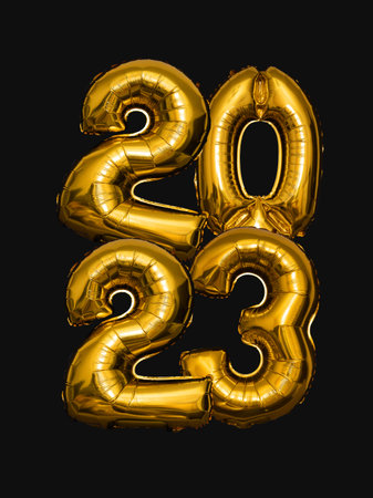 New Year 2023 golden balloons on black background.