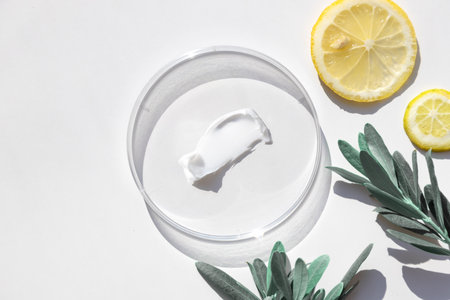 natural face cream in petri dish on a white table and plant branchesの写真素材