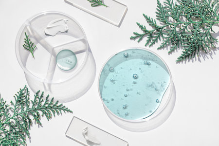 Serum gel toner drop on petri dish. Blue skincare liquid texture. top view, flat layの写真素材