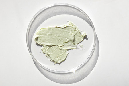 natural face mask cream in a petri dish on a white table, close-upの写真素材