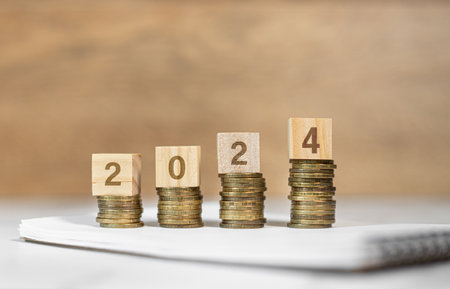 Business and finance concept. number 2024 on coins, budget on new yearの写真素材