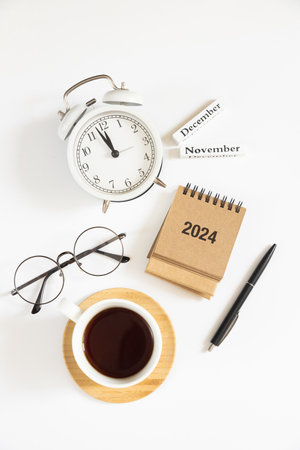 Flat lay composition office table with 2024 calendarの写真素材