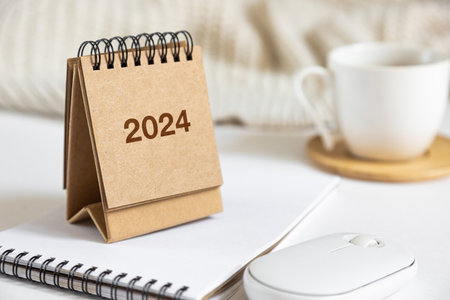 Small 2024 calendar on office tableの写真素材