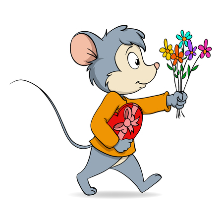 illustration. Cartoon cute mouse with heart valentine gift box and flowersのイラスト素材