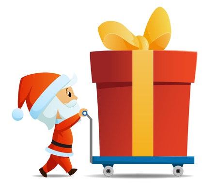 Service men santa with cart and big christmas gift box. Vector illustration.のイラスト素材
