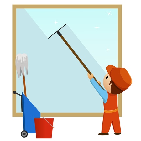 Man cleaning and wash window with bucket. Vector illustrationのイラスト素材