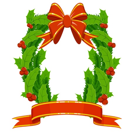 Christmas holly and fir garland with red decorative ribbons bow on white background. Vector illustration.のイラスト素材
