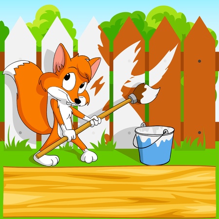 Cute little cartoon fox with paintbrush and wooden board on fence background. Vector illustration.のイラスト素材
