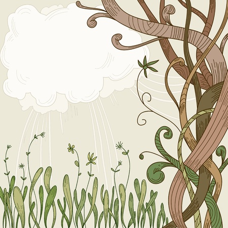 Abstract fantasy tree and plant background with text place. Vector illustration.のイラスト素材