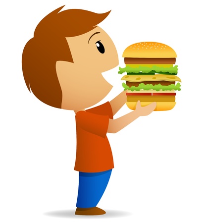 Young men going to eat big hamburger  Vector illustration のイラスト素材