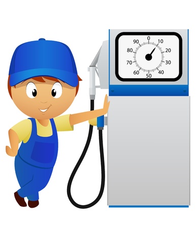 Serviceman with old fuel pump station isolated on white background  Vector illustration のイラスト素材