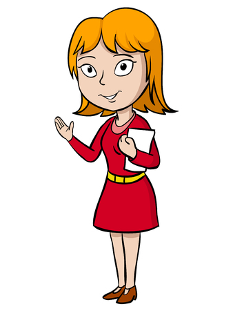 Cartoon cute woman in red dress with paper  illustration のイラスト素材