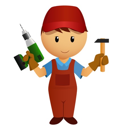 Vector illustration  Cartoon handyman with hammer and battery drillのイラスト素材