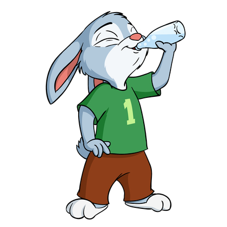 Cute cartoon bunny drinking water from the bottleのイラスト素材
